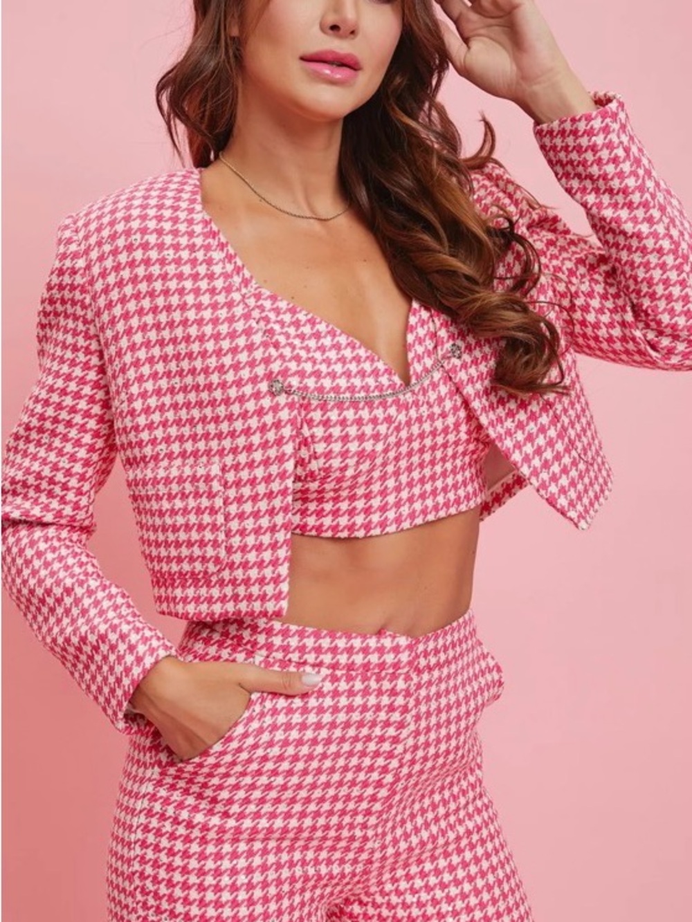 Rivir 2pc Pink/White Houndstooth Tweed Crop Blazer and Short Set - Picture 1 of 15